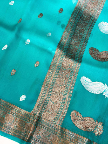  Aqua Blue Kora Silk Saree Closeup view 01