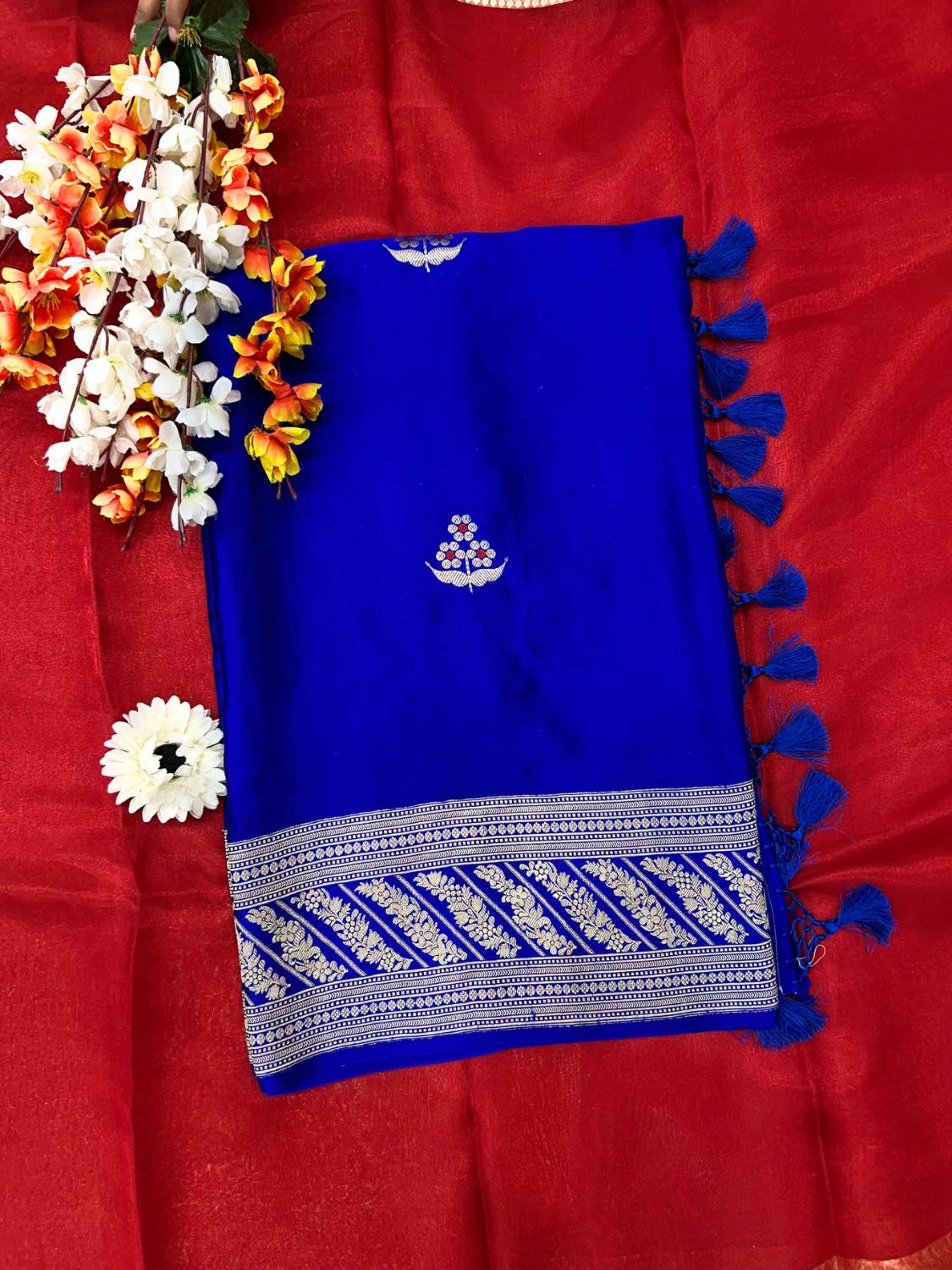 Royal Blue Mashru Silk Saree with Zari Floral Buti Front View