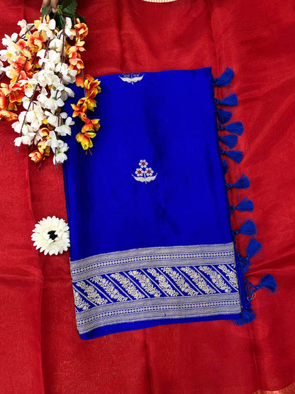  Royal Blue Mashru Silk Saree with Zari Floral Buti Front View