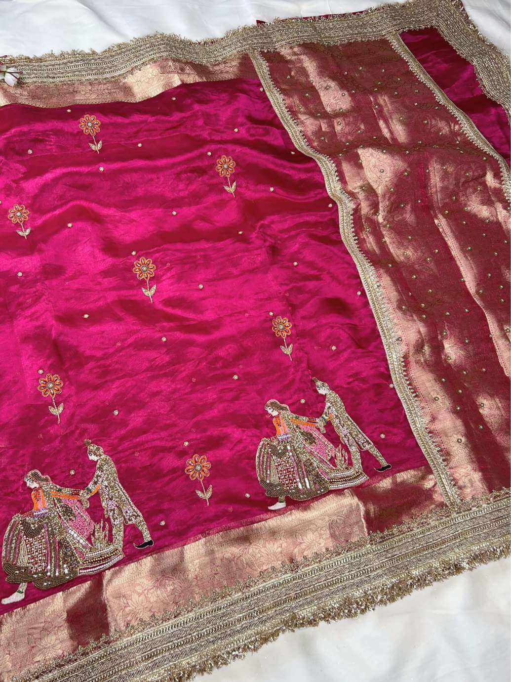 Hot pink Saat Phere Banarasi silk saree ideal for wedding rituals