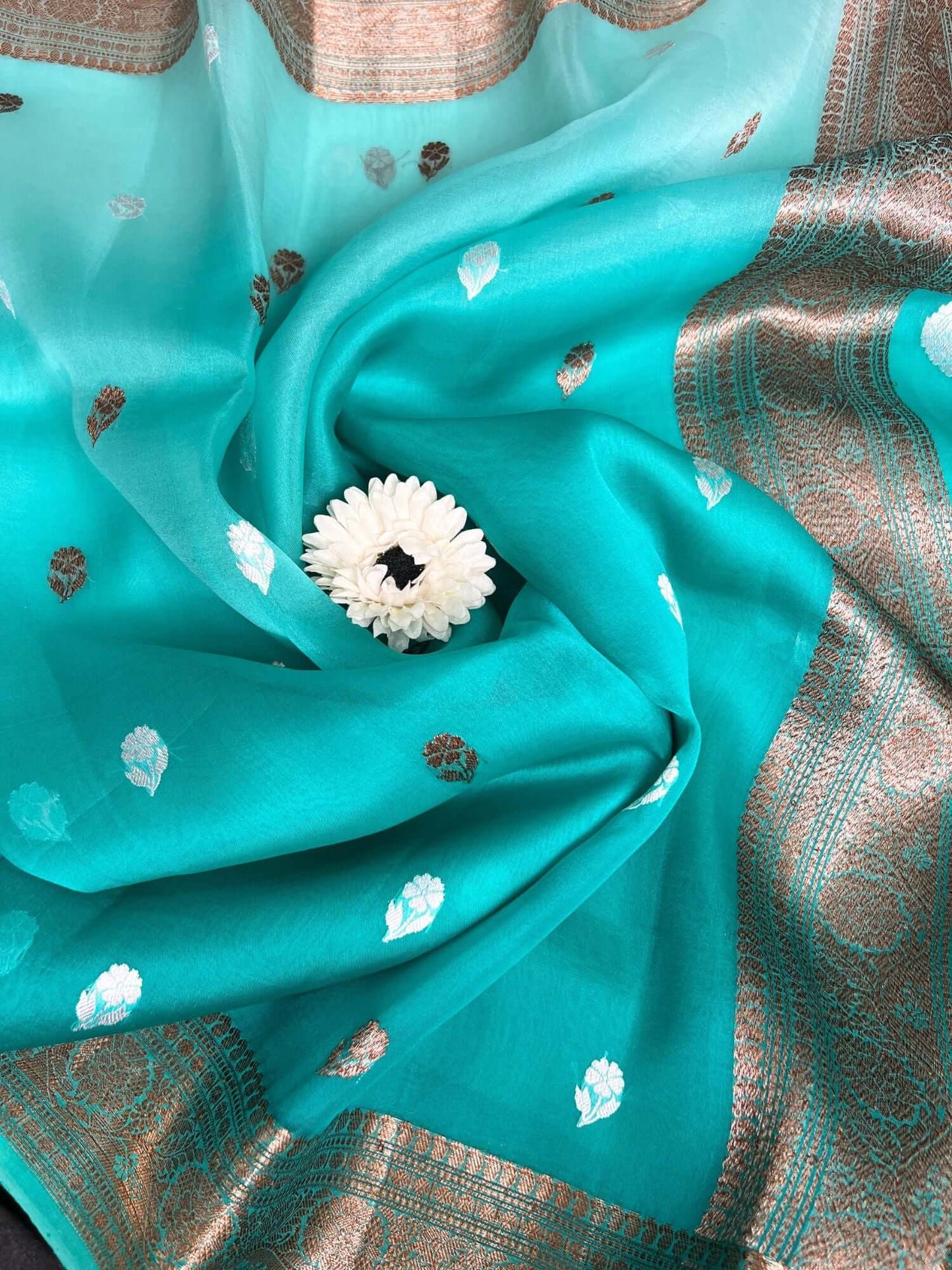  Aqua Blue Kora Silk Saree Closeup view 02
