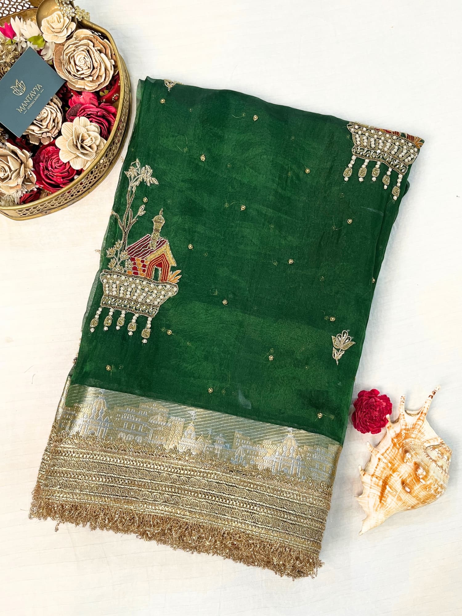 Gharana Emerald Green Hand-Embroidered Banarasi Tissue Silk Saree with Traditional Detailing