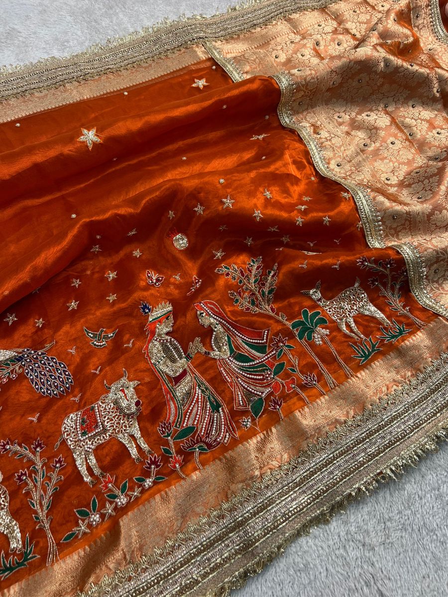 Orange tissue silk saree - radha krishna