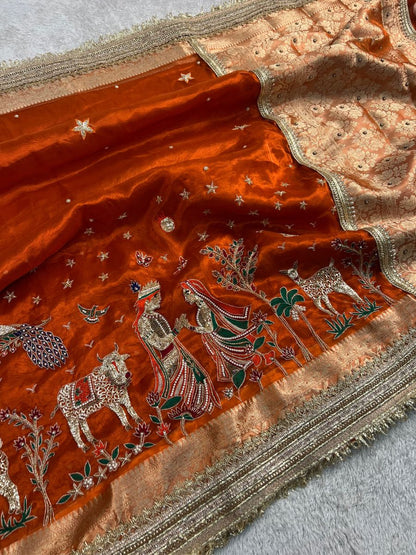 Orange tissue silk saree - radha krishna