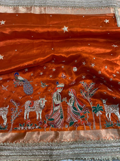 Orange tissue silk saree - radha krishna