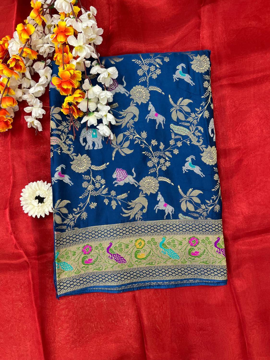  Dark Blue Tissue Silk Saree Mashru With Hand Embroidery Front View