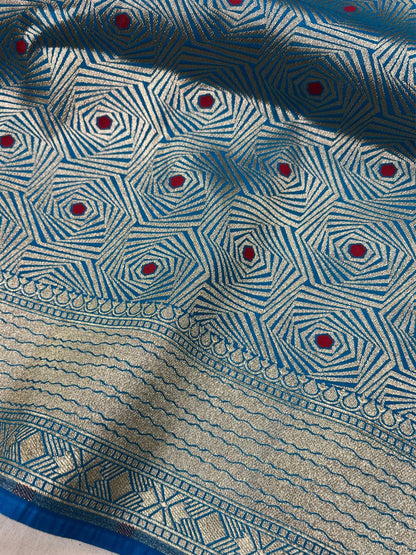 Turquoise Blue Katan Silk Saree Closeup View