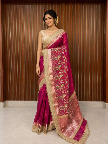 pink tissue silk saree mantvya banaras