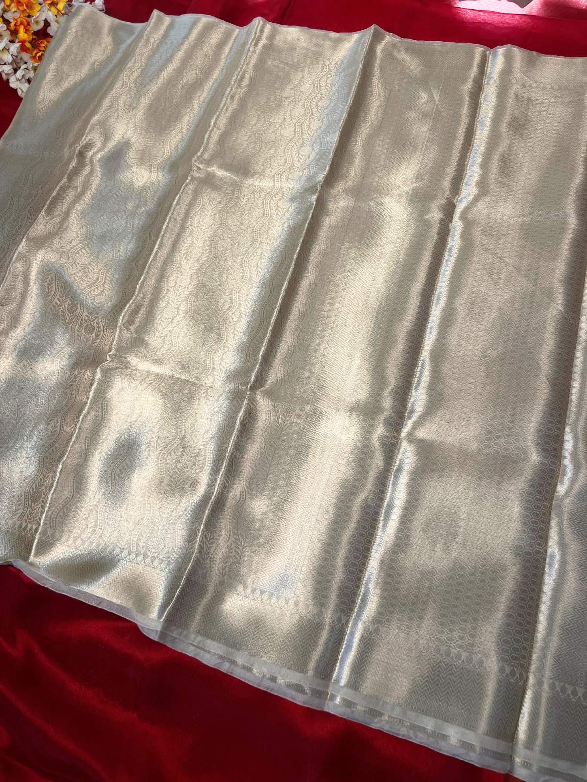Champagne Silver Brocade Tissue Silk Saree with  Zari Work full view 