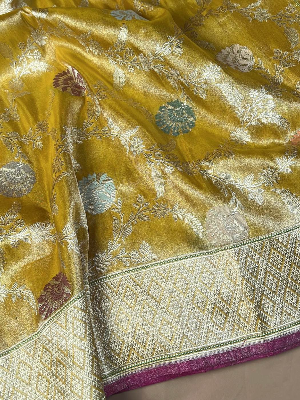 Yellow Katan Silk Saree with floral closeup view 03