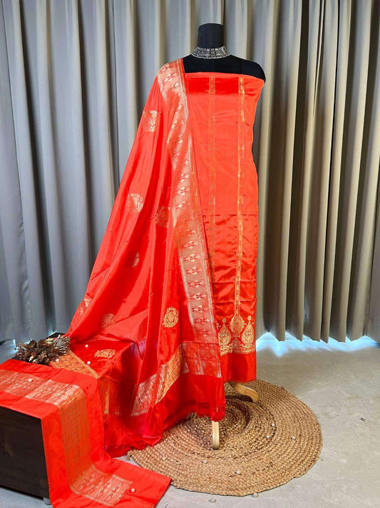 Orange Katan silk suit with zari full view