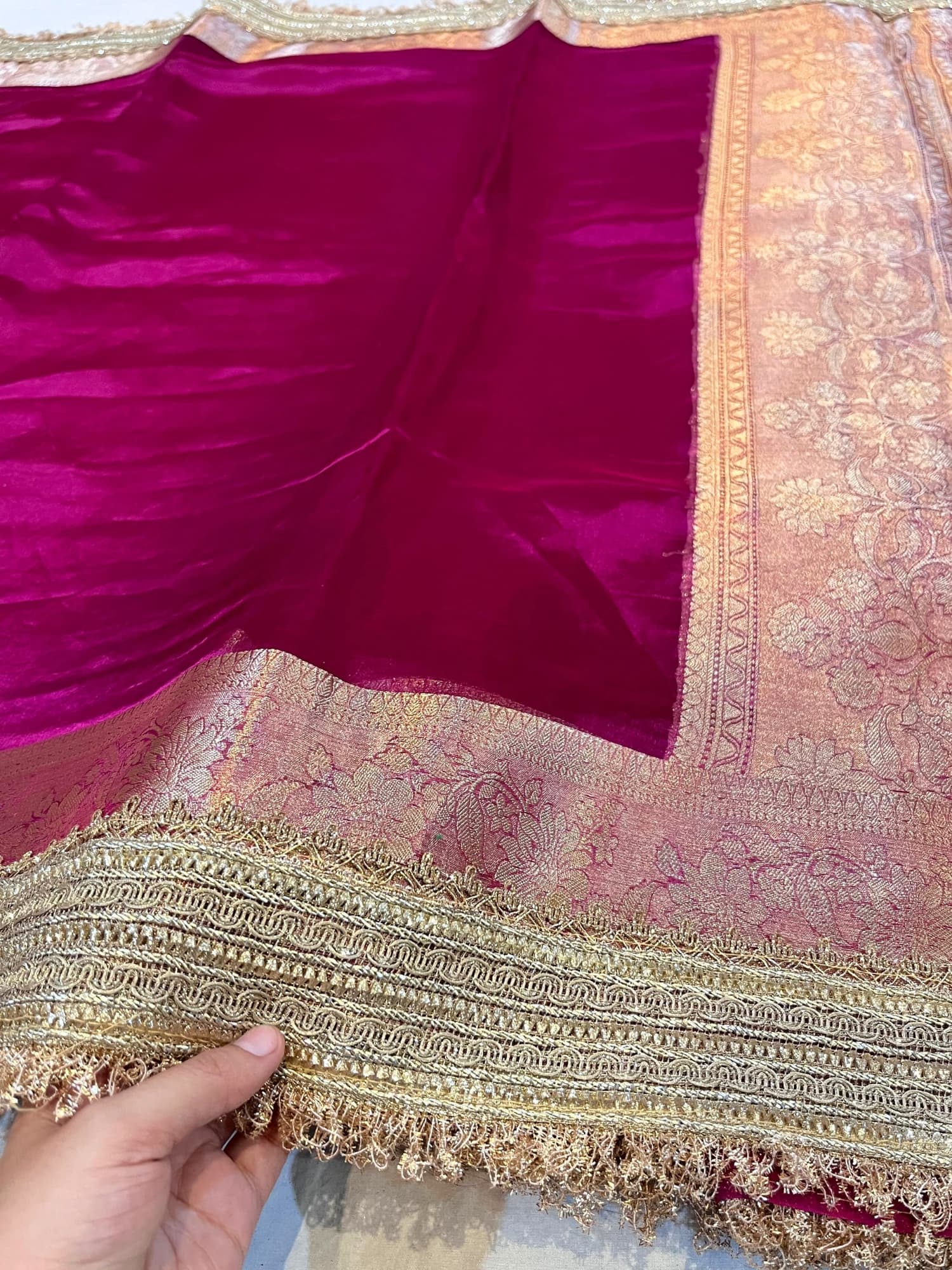 Wine Pure Banarasi Tissue Silk Saree with mirror jaal embroidery, scattered butis, and unstitched brocade blouse – handwoven in Banaras.
