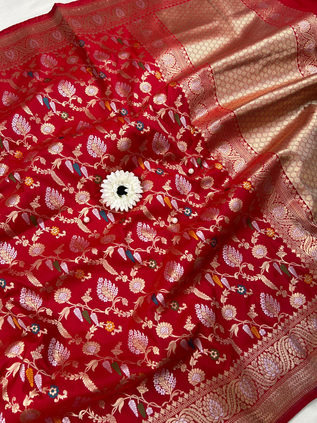 Red Katan Silk Saree with Floral Full View