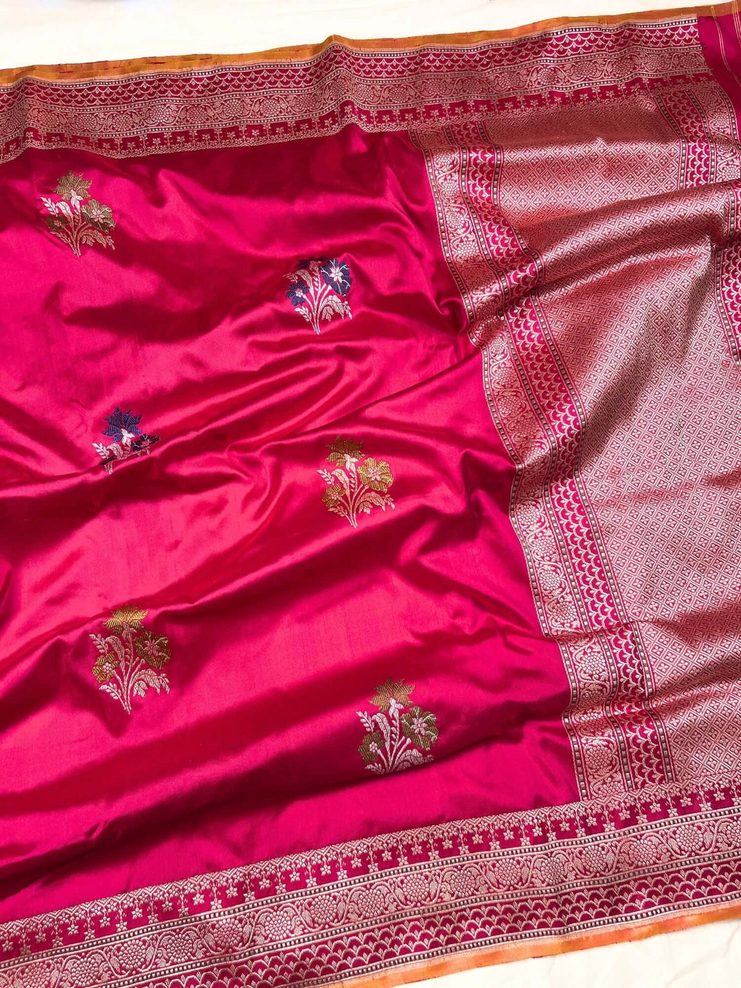  Hot Pink Katan Silk Saree with floral butis full view