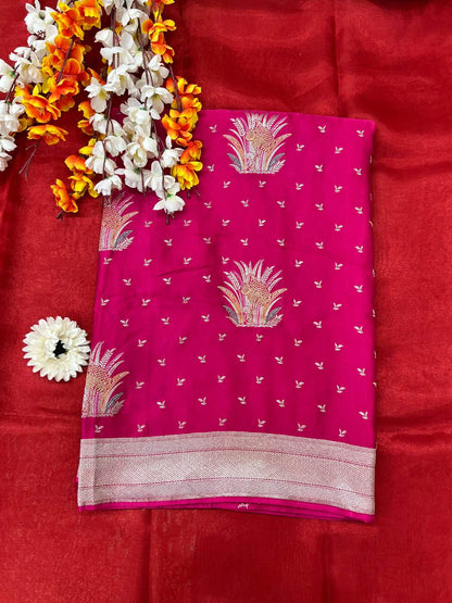  Pink Mashru Silk Saree with floral bouquet Front View