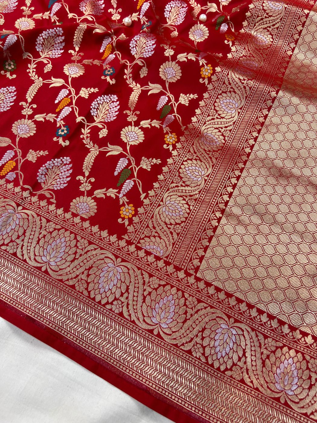 Red Katan Silk Saree with Floral Closeup view