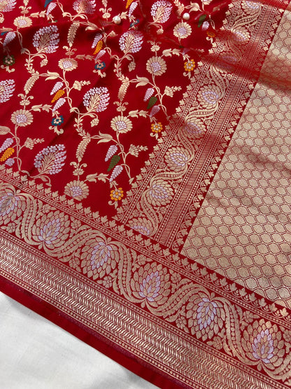 Red Katan Silk Saree with Floral Closeup view