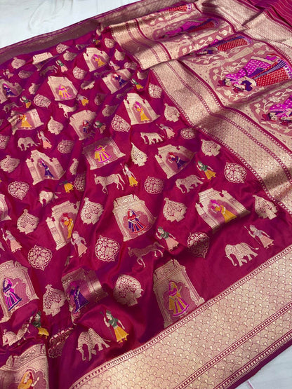 Deep Magenta Katan Silk Saree with royal scenes kings full view