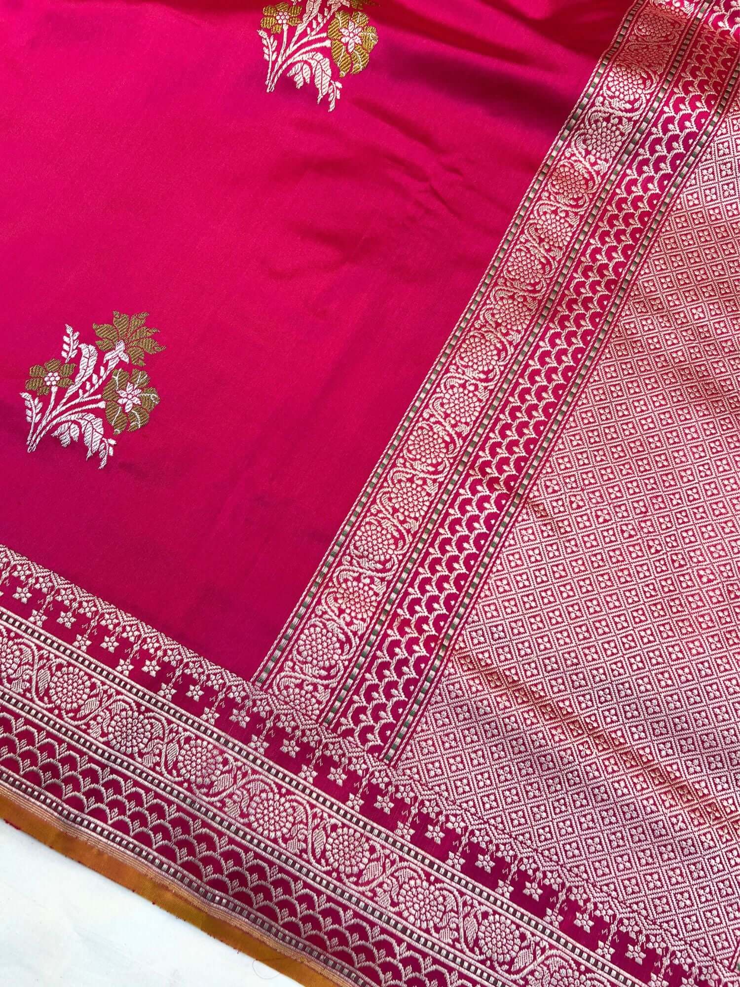  Hot Pink Katan Silk Saree with floral butis closeup view 01