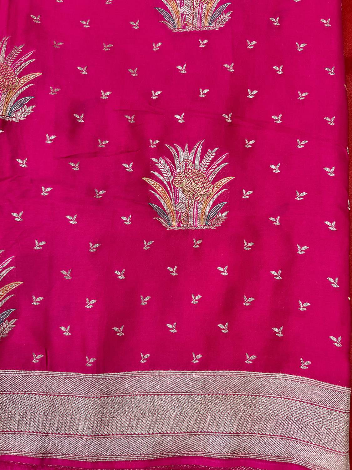  Pink Mashru Silk Saree with floral bouquet Closeup View