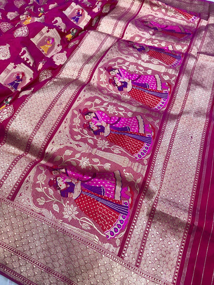 Deep Magenta Katan Silk Saree with royal scenes kings closeup view 01
