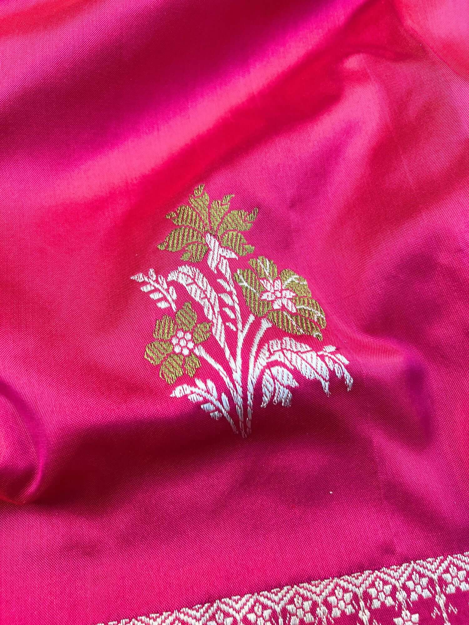  Hot Pink Katan Silk Saree with floral butis closeup view 02
