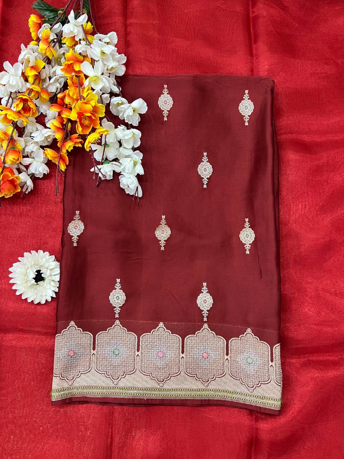 Maroon Tissue Silk Saree Mashru with Hand Embroidery Front View