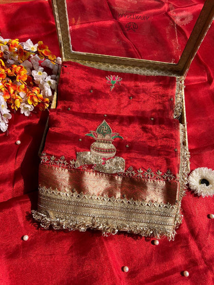 Royal Red Banarasi Tissue Silk Saree Shubharambh with Hand-embroidered Kalash front view