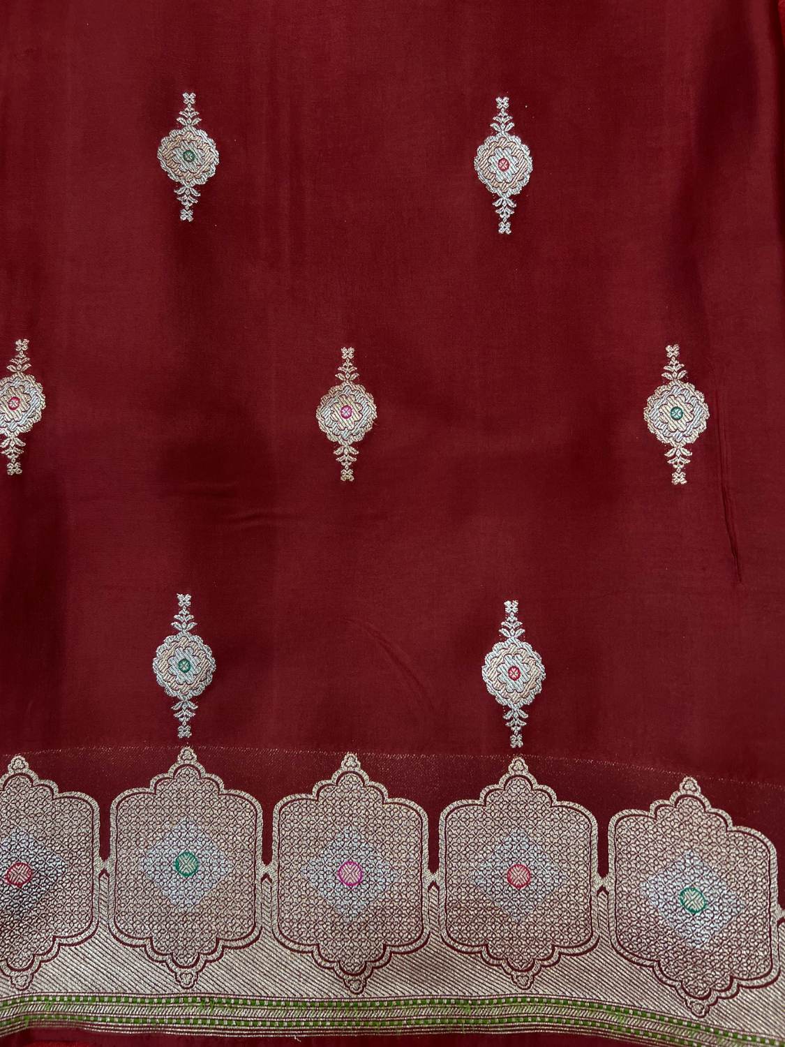 Maroon Tissue Silk Saree Mashru with Hand Embroidery Closeup View