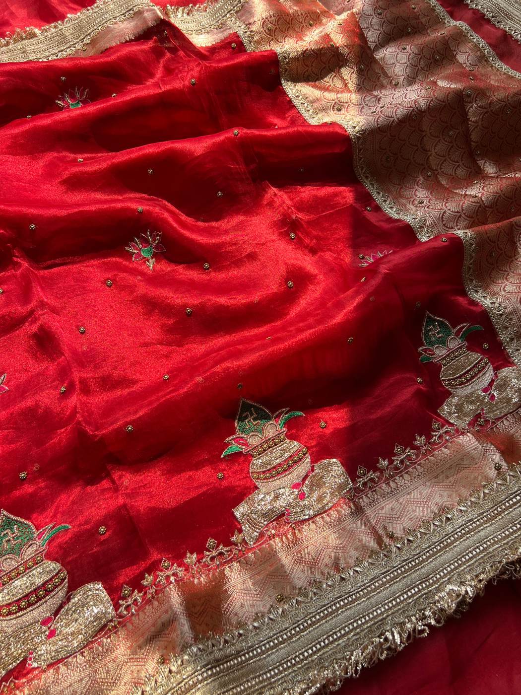 Royal Red Banarasi Tissue Silk Saree Shubharambh with Hand-embroidered Kalash closeup view 01
