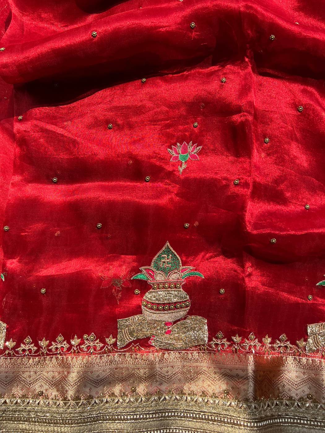 Royal Red Banarasi Tissue Silk Saree Shubharambh with Hand-embroidered Kalash closeup view 02