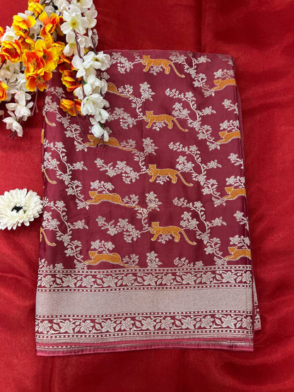 Maroon Tissue Silk Saree Mashru with Animal and Floral Jaal Front View