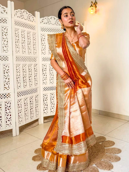 Handwoven Kanchipuram Gold Tissue Silk Saree with Gota Patti Border