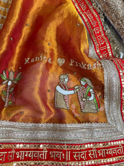 Kanjivaram Gold Tissue Silk Dupatta with Hand Embroidered Saat Vachan Closeup view 