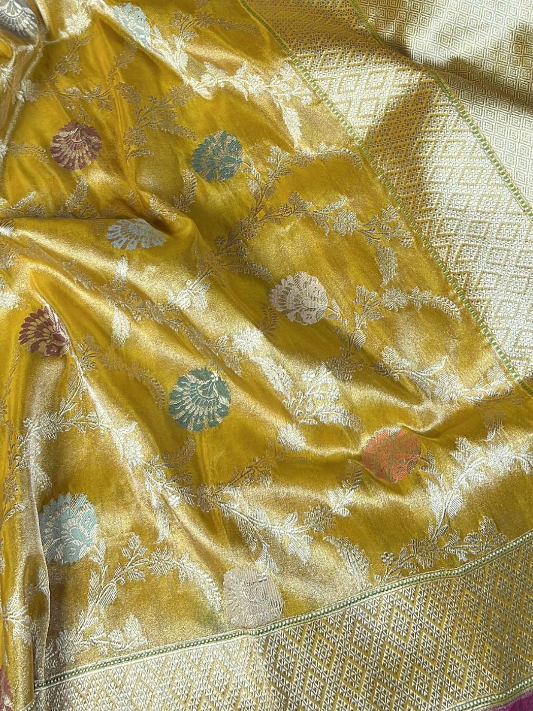 Yellow Katan Silk Saree with floral closeup view 02