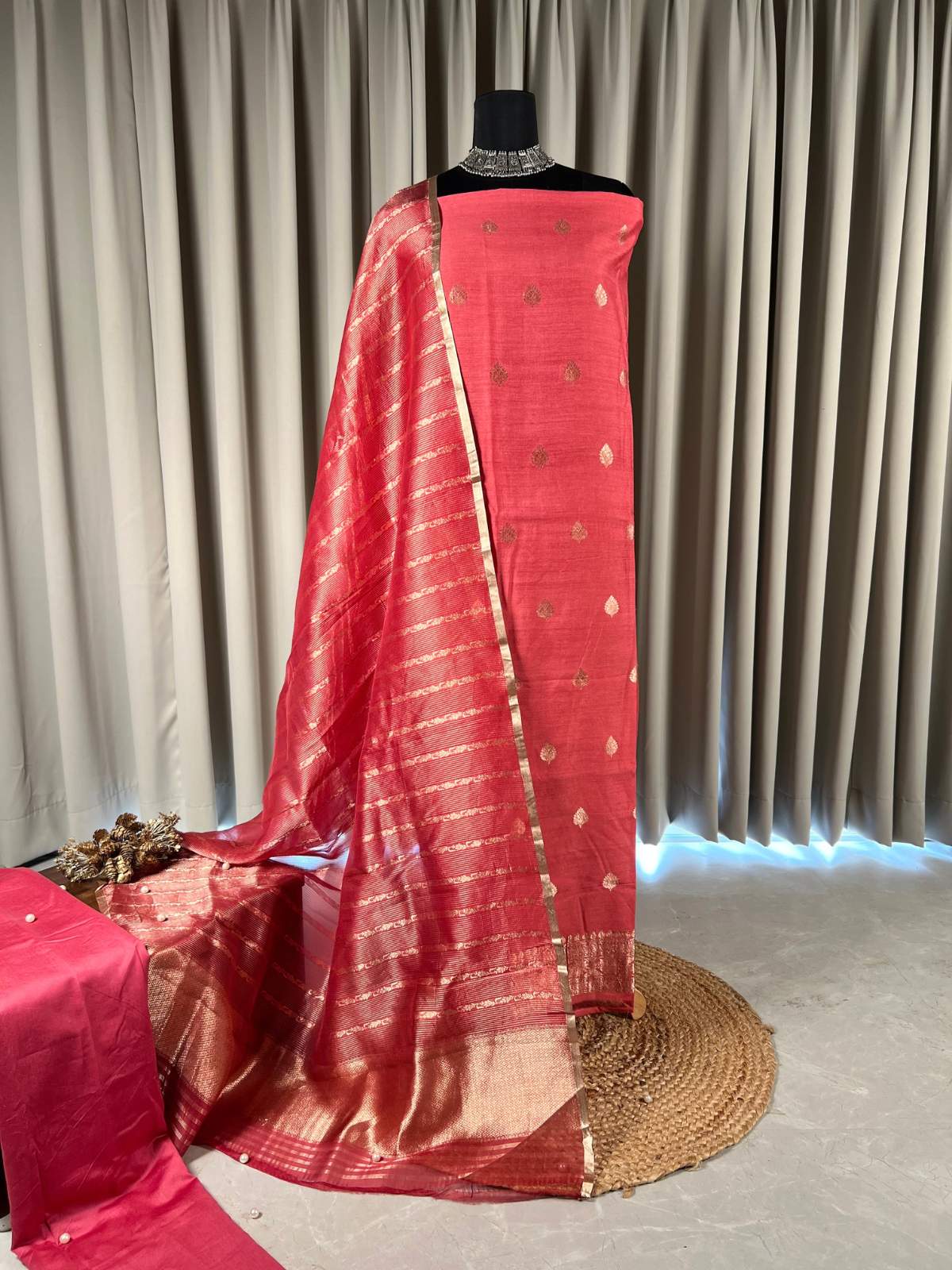 Red chiniya Suit with Golden Buti full view