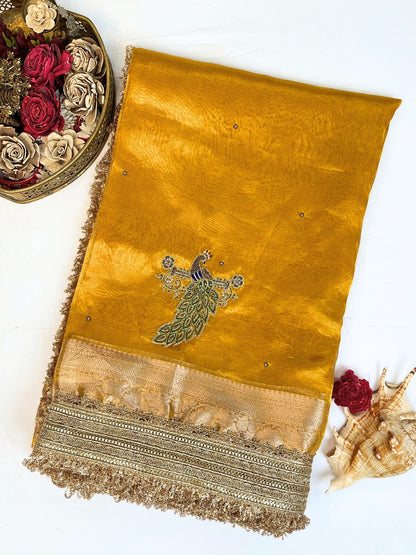 Hand Embroidered Mustard Yellow Tissue Silk Saree with Peacock Motifs and Scattered Buti, Paired with Unstitched Brocade Blouse – Traditional Indian Ethnic Wear