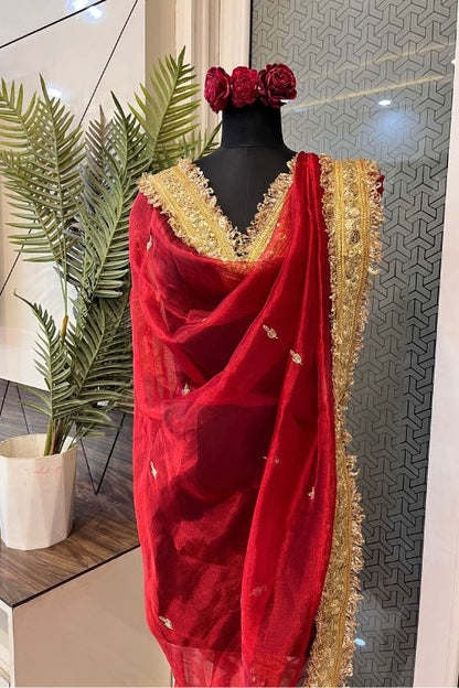 Red Hand Embroidered Tissue Silk Dupatta