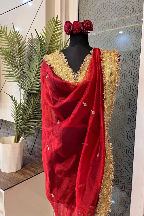 Red Hand Embroidered Tissue Silk Dupatta