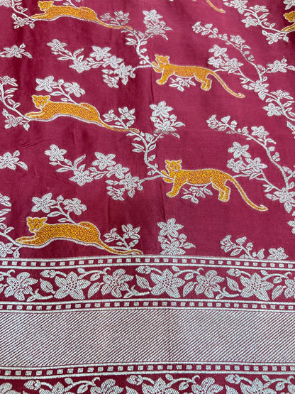 Maroon Tissue Silk Saree Mashru with Animal and Floral Jaal Closeup View