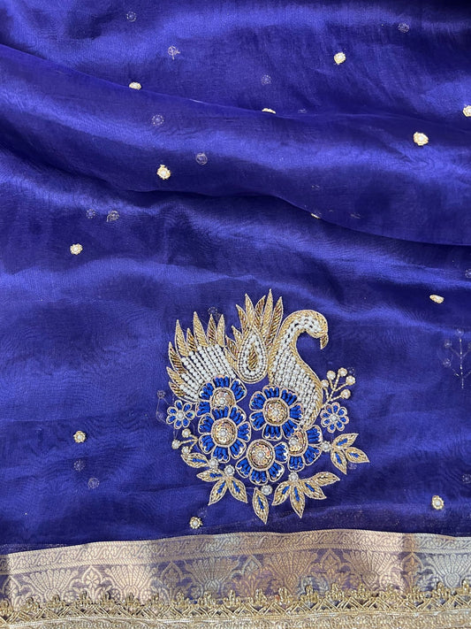 Blue Rajhans Swan Motif Banarasi Tissue Silk Saree