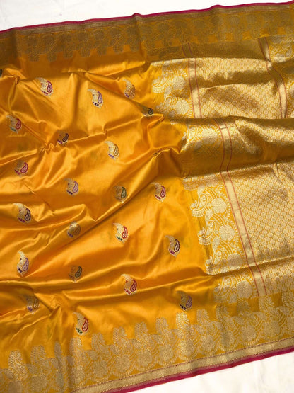 Yellow Katan Silk Saree With paisley butis Full View