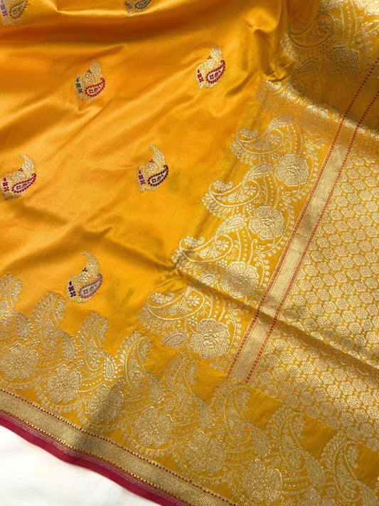 Mustard Gold Katan Silk Saree With paisley butis closeup view 01