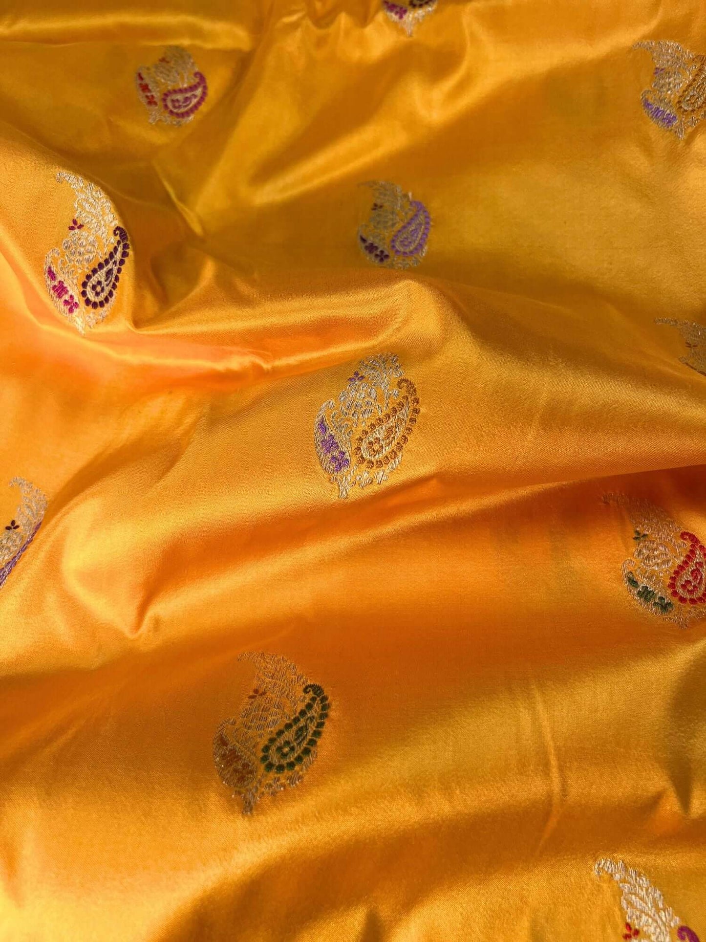Yellow Katan Silk Saree With paisley butis closeup view 02