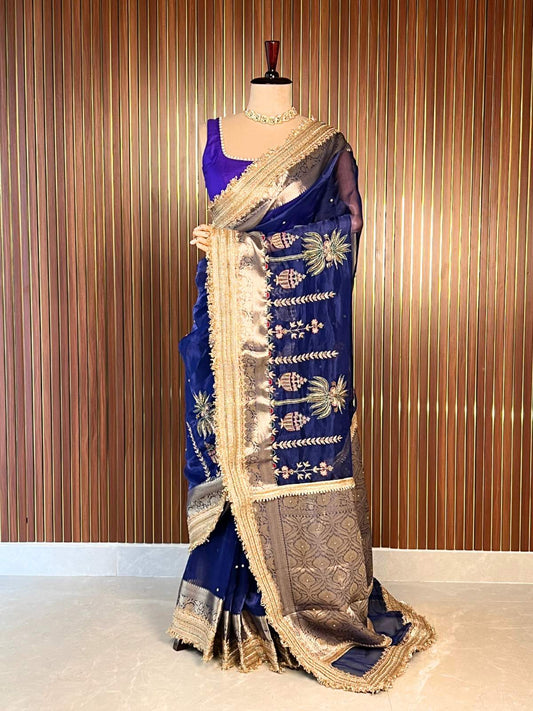 Royal Blue Baag Tissue Silk Saree with Hand Embroidered Kalash, Palm ,Trees dummy View