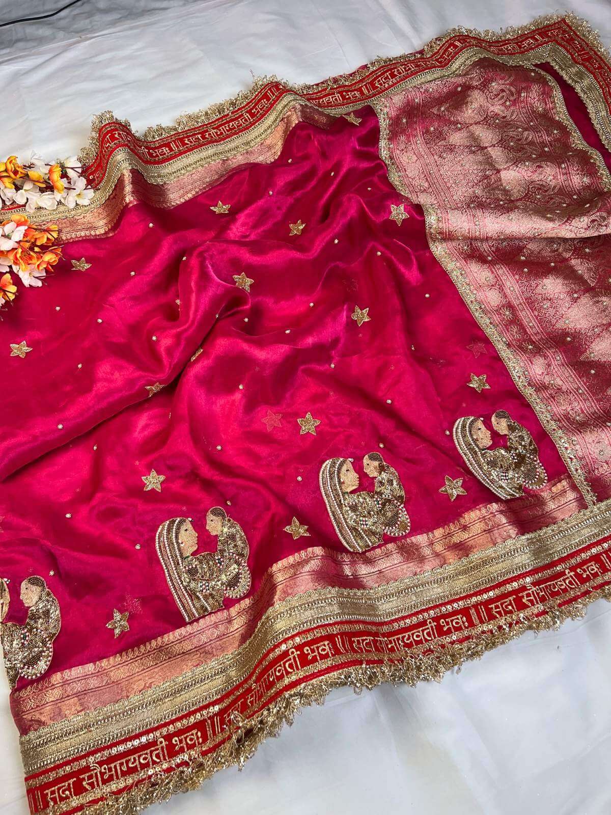 Manatavya Banaras hot pink Baby Shower saree with lightweight drape, vibrant color and elegant festive design