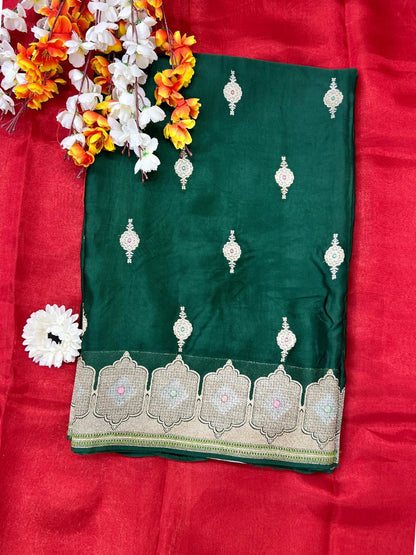 Dark Green Tissue Silk Saree Mashru with Animal and Floral Jaal Front view 02