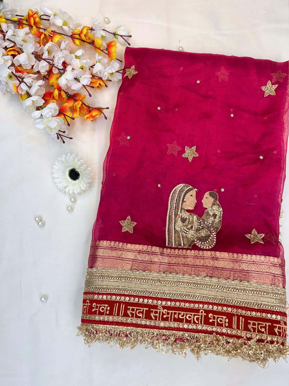 Manatavya Banaras hot pink Baby Shower saree with lightweight drape, vibrant color and elegant festive design