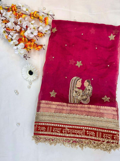 Manatavya Banaras hot pink Baby Shower saree with lightweight drape, vibrant color and elegant festive design