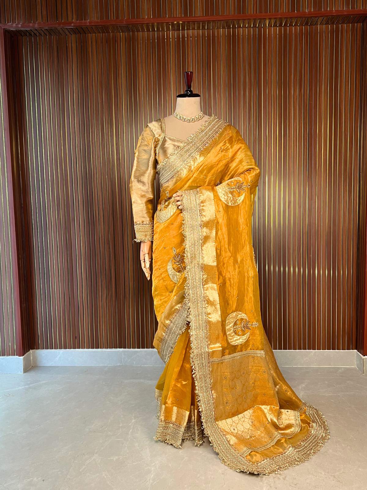 Yellow Banarasi Tissue Silk Saree with Hand-Embroidered Chand Dummy view